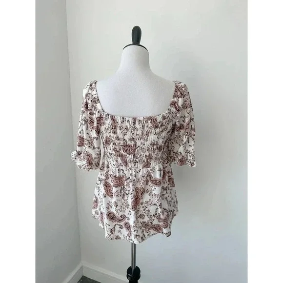 Nordtrom Meloday Paisley Print Puff Sleeve Top with Smocking - Picture 2 of 10